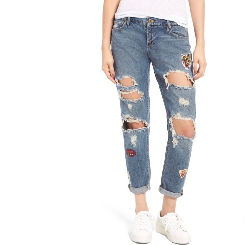 Articles of Society Women's 25 Distressed Boyfriend Jeans Animal Tiger Patches